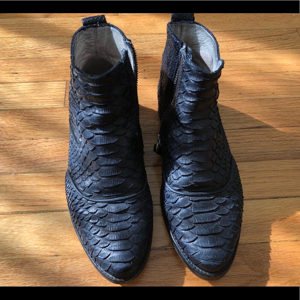 All Saints Black Reptile Snake booties sz 8 / 38